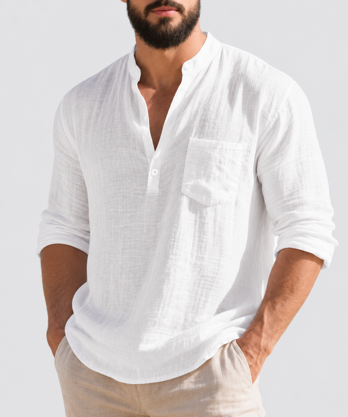 Marisol Linen Band Collar Popover Shirt