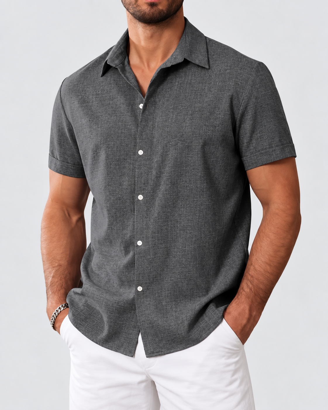 Caslen Textured Linen-Look Short Sleeve Shirt