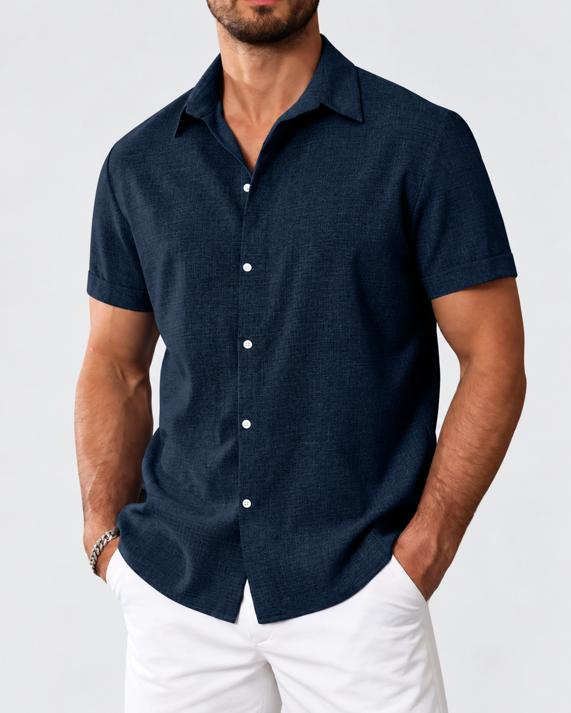 Caslen Textured Linen-Look Short Sleeve Shirt