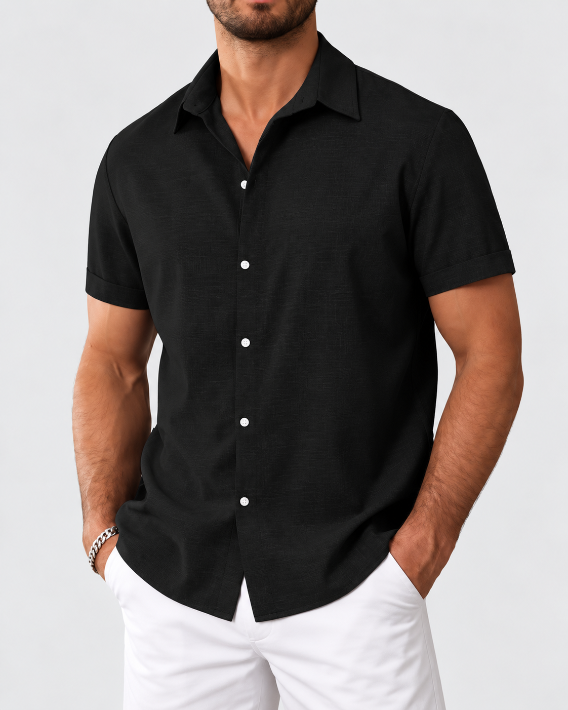 Caslen Textured Linen-Look Short Sleeve Shirt